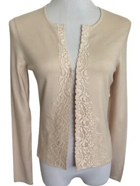 Ann Taylor Blush Lace Trim Open Cardigan Small